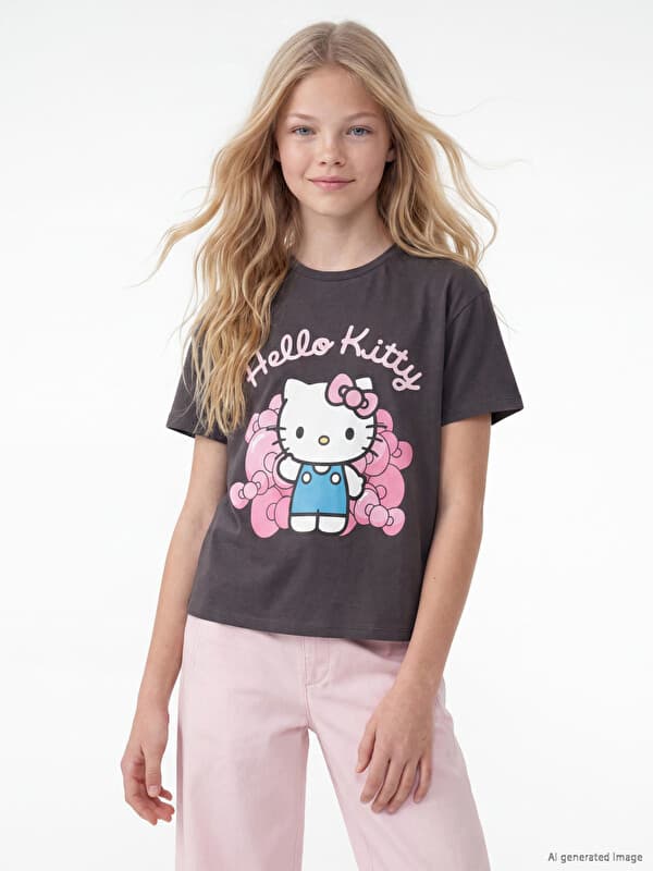 Футболка для девочек с круглым вырезом с принтом Hello Kitty