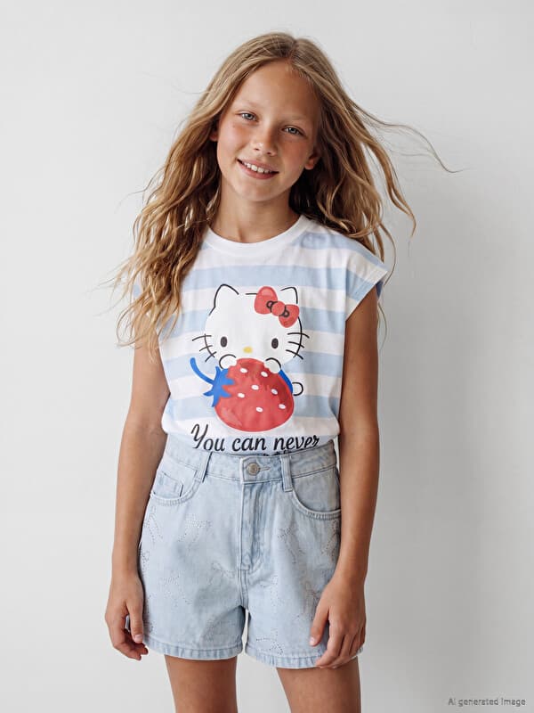 Футболка с круглым вырезом с принтом Hello Kitty для девочек